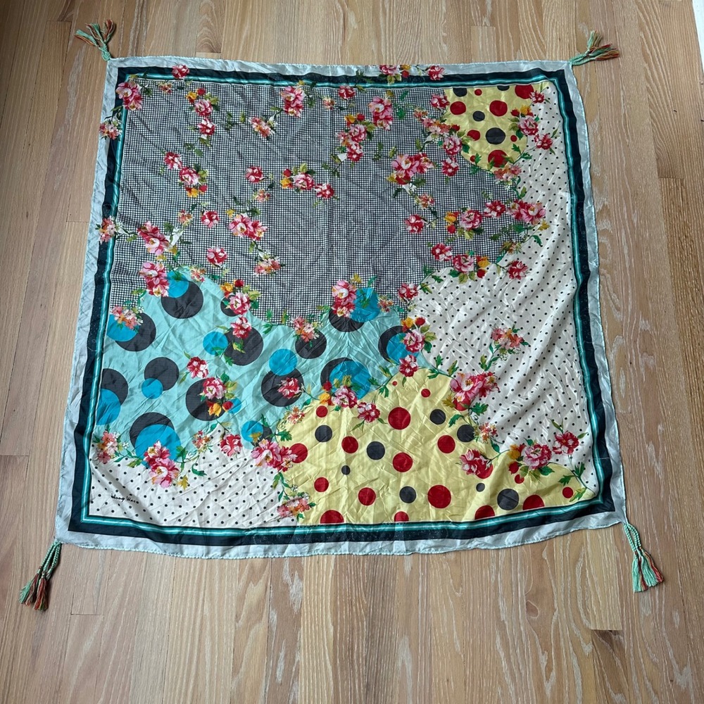 Johnny Was 100% Silk Floral Polka Dot Scarf Artsy Maximallist Playful Boho Teal